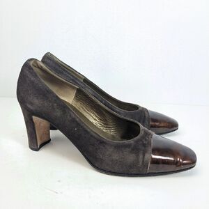 Roberto Capucci brown suede pumps cap toe patent leather vintage heels 7